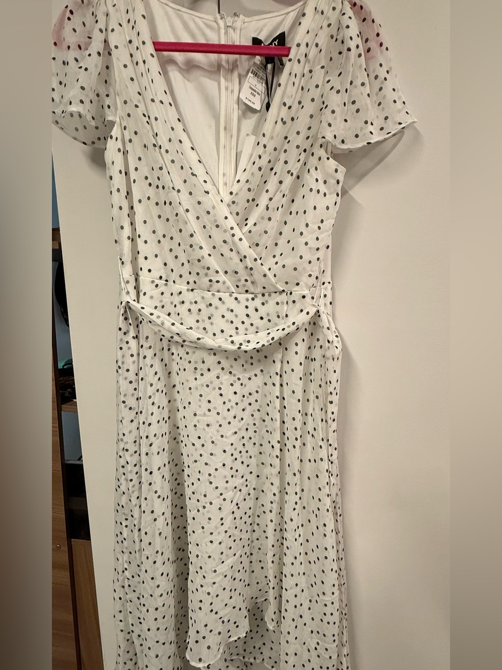 DKNY White Black Polka Dot Midi Dress Flutter Sleeve Wrap Style Size 8 NWT
